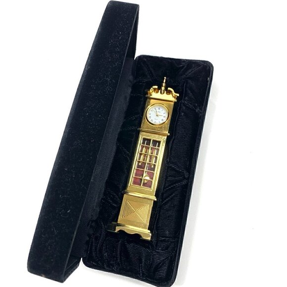 Vintage Bey-Berk Miniature Grandfather's Clock Gold Tone Battery Operated 5” - Picture 2 of 15